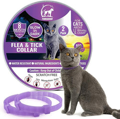 Flea and Tick Treatment for Dogs, And Cats, Adjustable Dog and Cat Flea Collar, Waterproof 8 Months Natural Flea Treatment Glow in Dark (2 in 1 CAT, Purple)