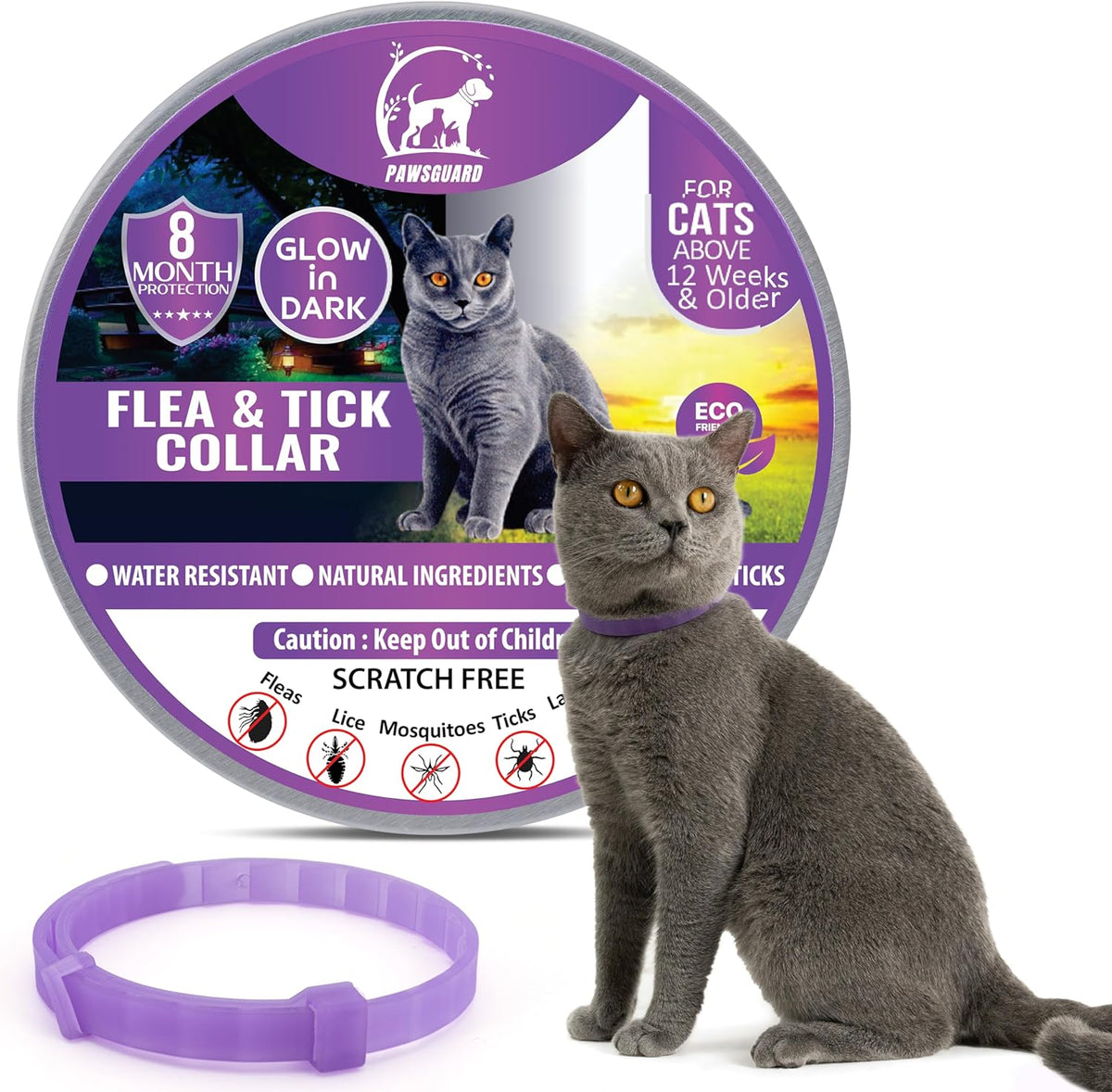 Flea and Tick Treatment for Dogs, And Cats, Adjustable Dog and Cat Flea Collar, Waterproof 8 Months Natural Flea Treatment Glow in Dark (Single CAT, Purple)